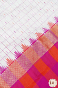 Ikkat Pure silk handloom saree with checks - Off White Pink