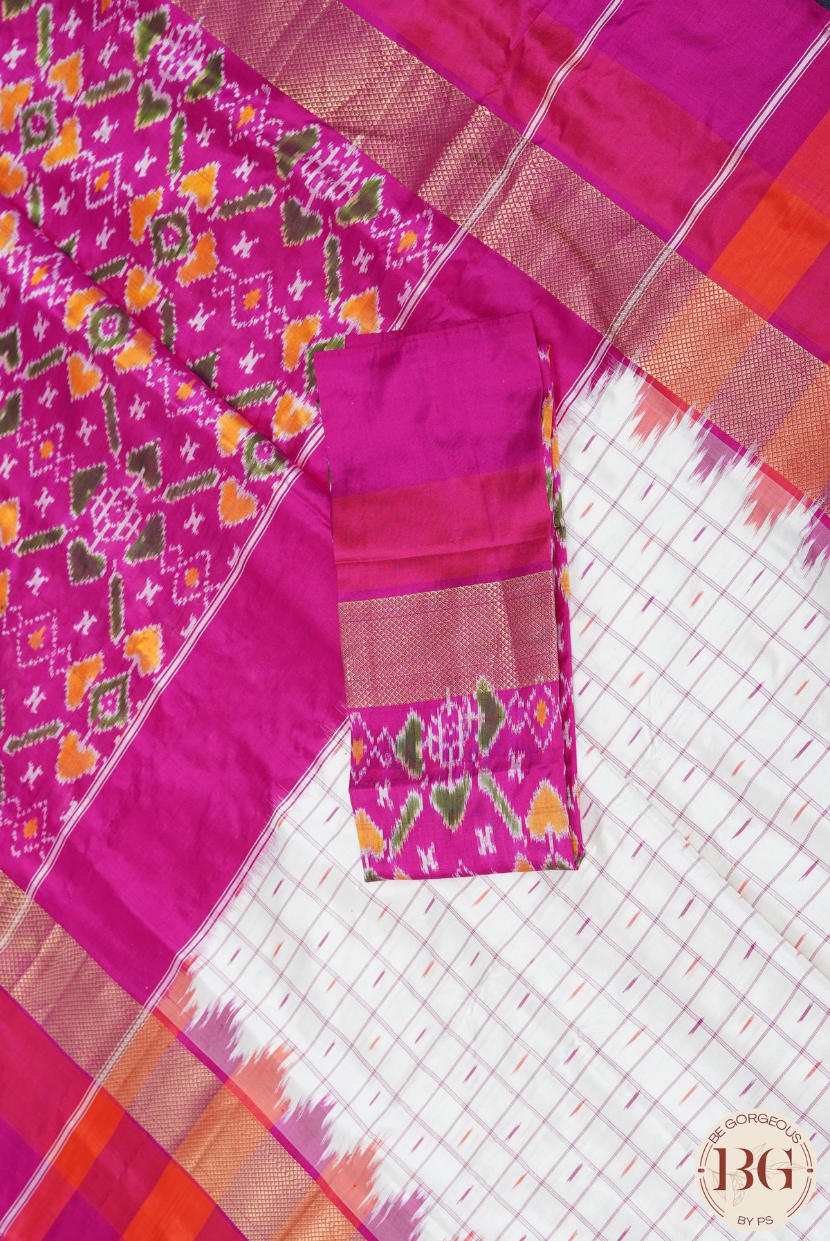 Ikkat Pure silk handloom saree with checks - Off White Pink