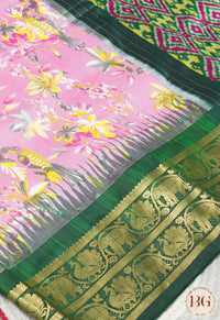 Ikkat Pure silk handloom saree with kalamkari - Pink & Green