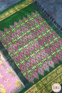 Ikkat Pure silk handloom saree with kalamkari - Pink & Green