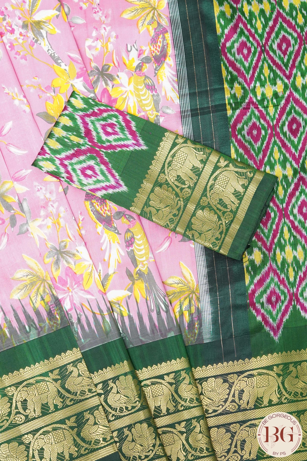 Ikkat Pure silk handloom saree with kalamkari - Pink & Green