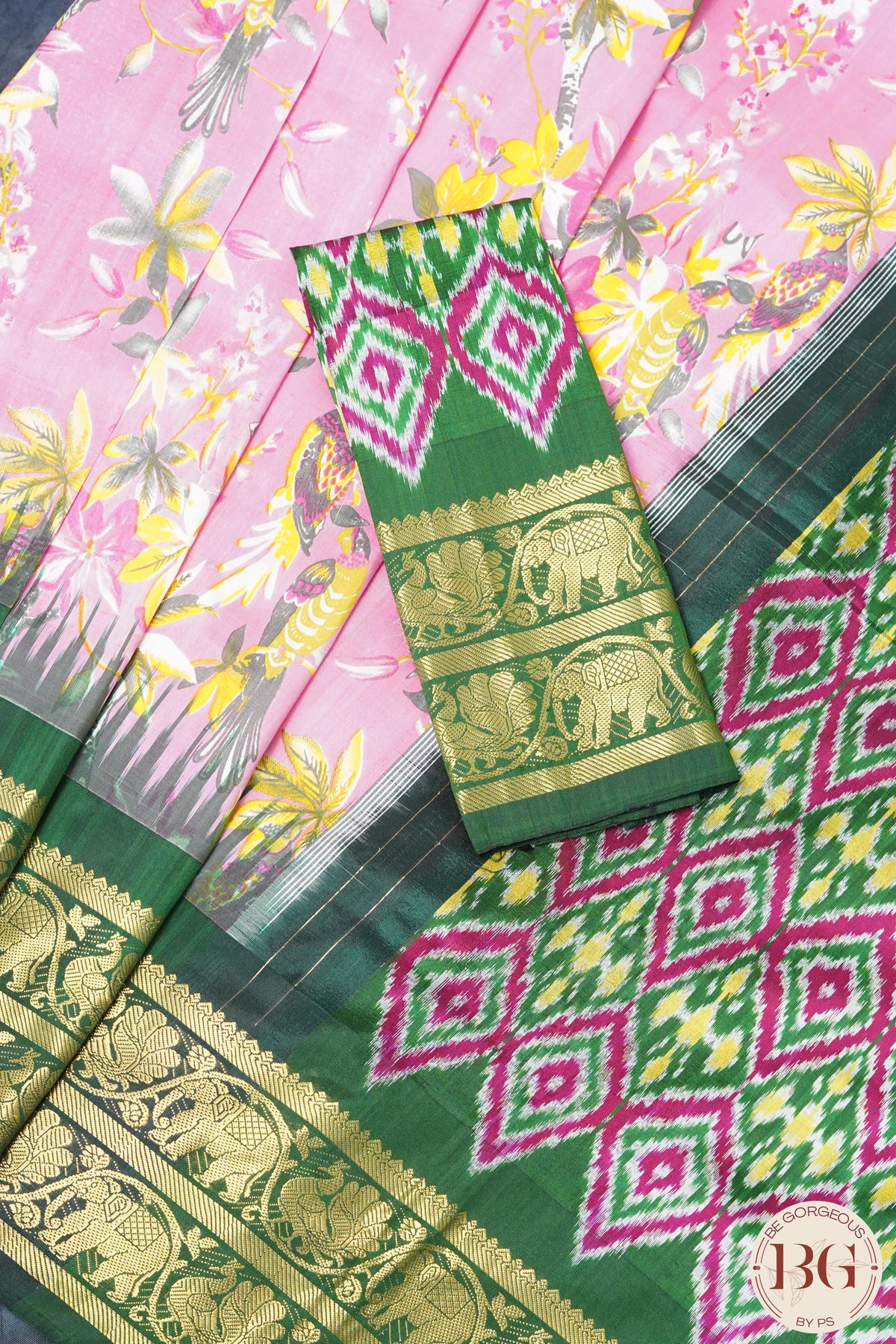 Ikkat Pure silk handloom saree with kalamkari - Pink & Green