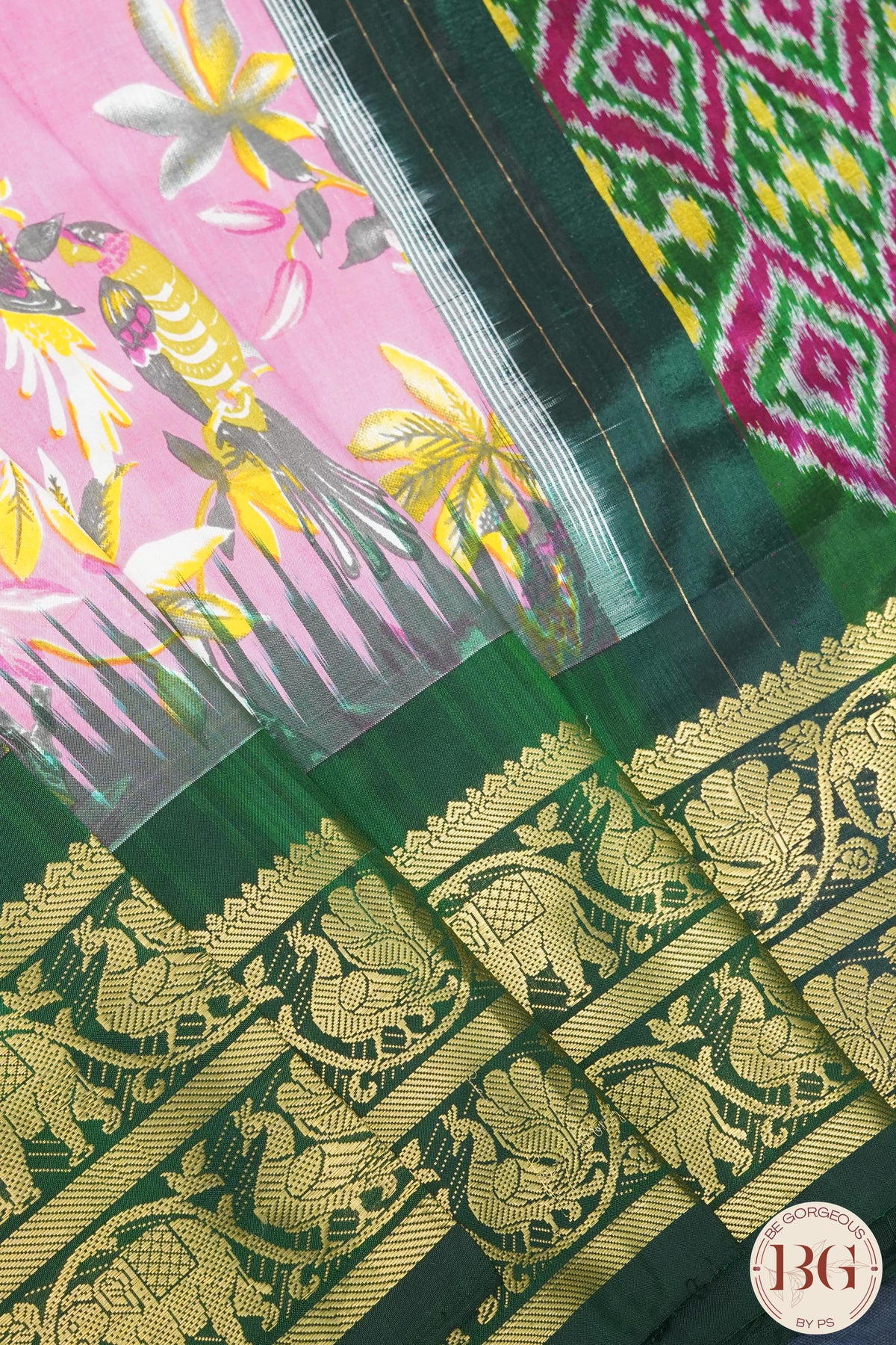 Ikkat Pure silk handloom saree with kalamkari - Pink & Green