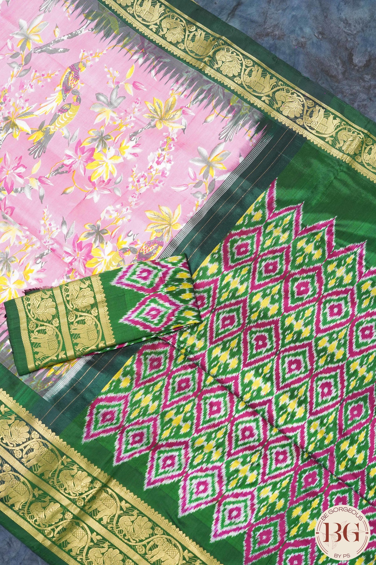 Ikkat Pure silk handloom saree with kalamkari - Pink & Green