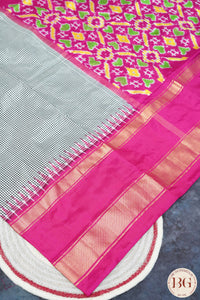 Ikkat Pure silk handloom saree with checks and pink border - Black Pink