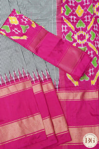 Ikkat Pure silk handloom saree with checks and pink border - Black Pink