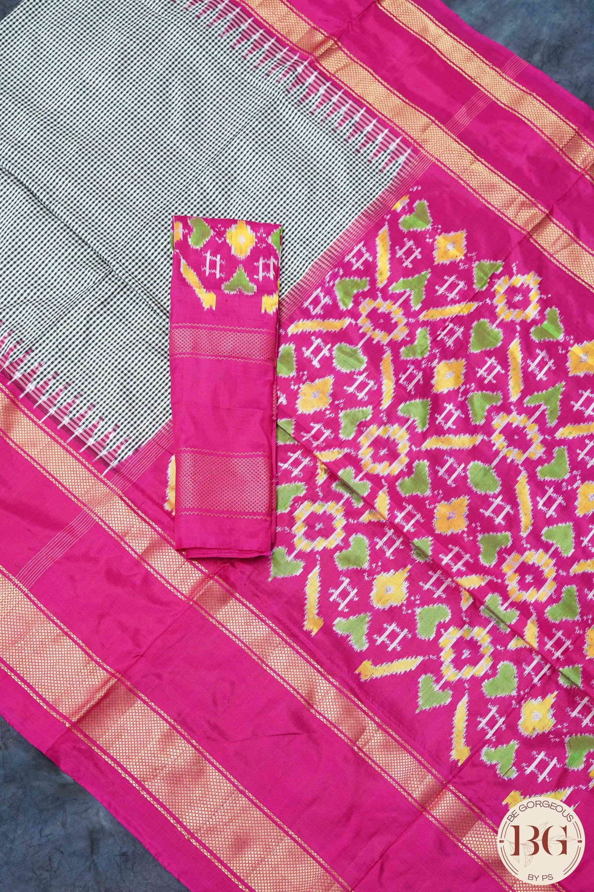 Ikkat Pure silk handloom saree with checks and pink border - Black Pink