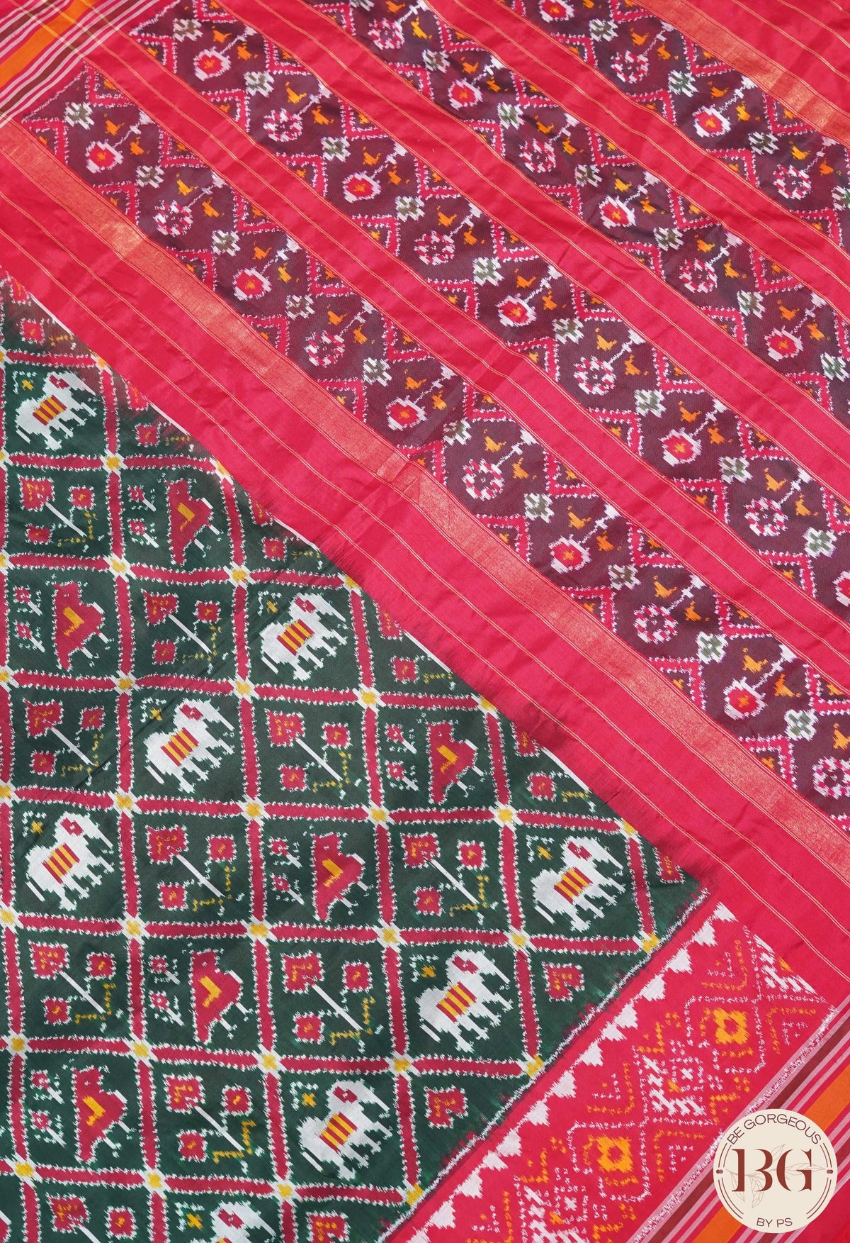 Ikkat Pure silk handloom saree with elephant motifs - Green Red