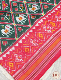 Ikkat Pure silk handloom saree with elephant motifs - Green Red