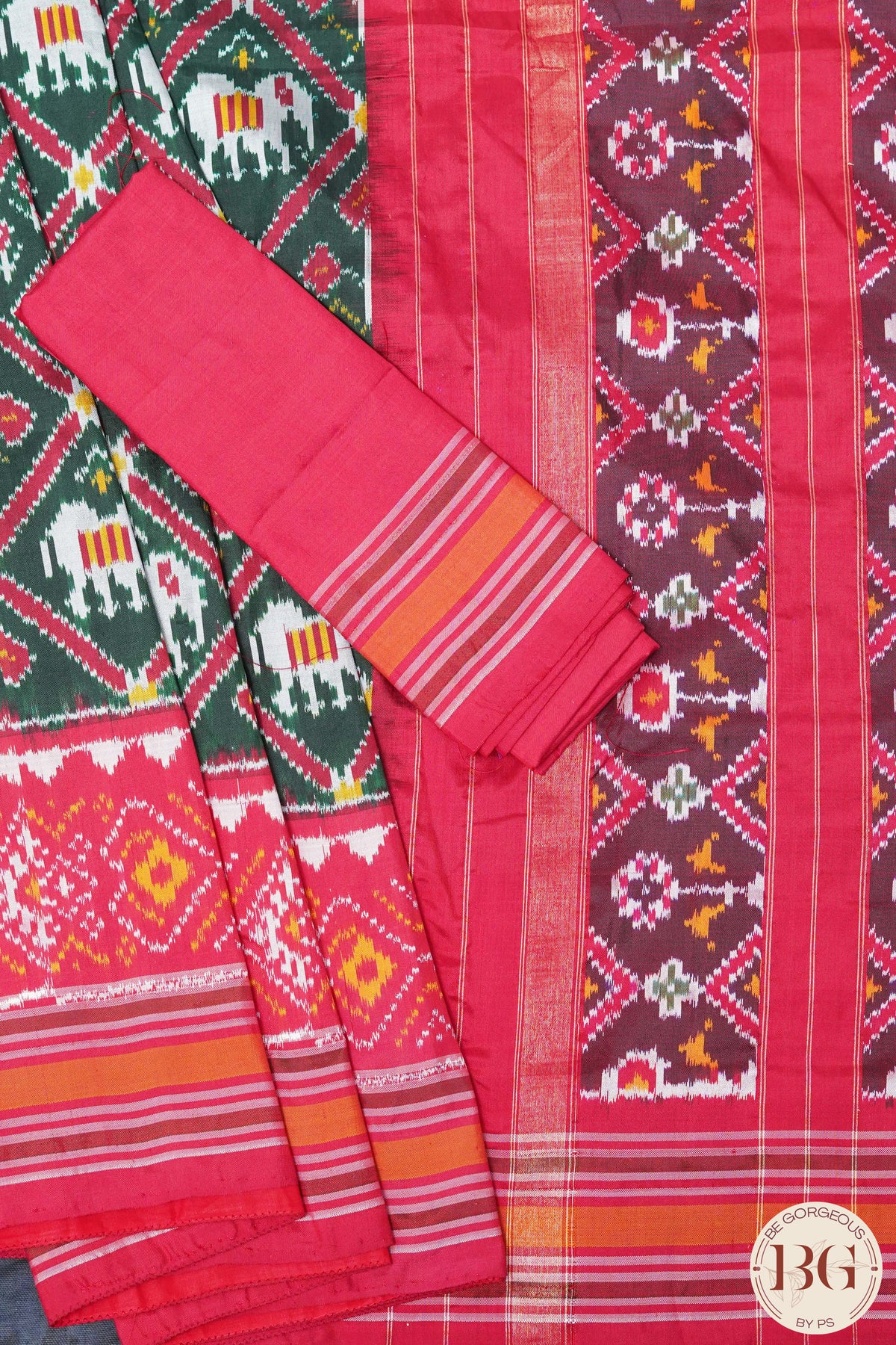 Ikkat Pure silk handloom saree with elephant motifs - Green Red