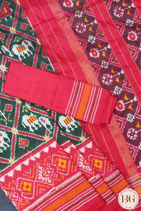 Ikkat Pure silk handloom saree with elephant motifs - Green Red