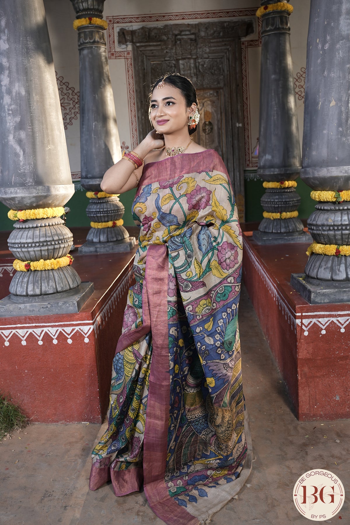 Pen Kalamkari on tussar Silk - pink gold