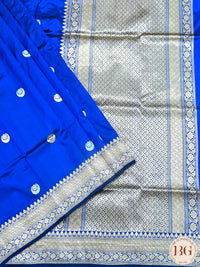 Banarasi Handwoven Katan Silk Kadhua Sona Roopa Chaand Bindi Weaved Saree With Silkmark Certificate - blue