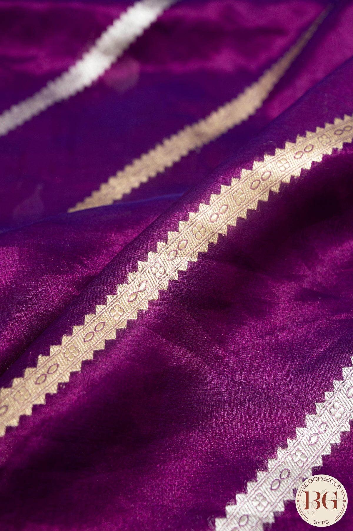 Banarasi Handwoven Tissue Silk Saree with gota lace - purple pink