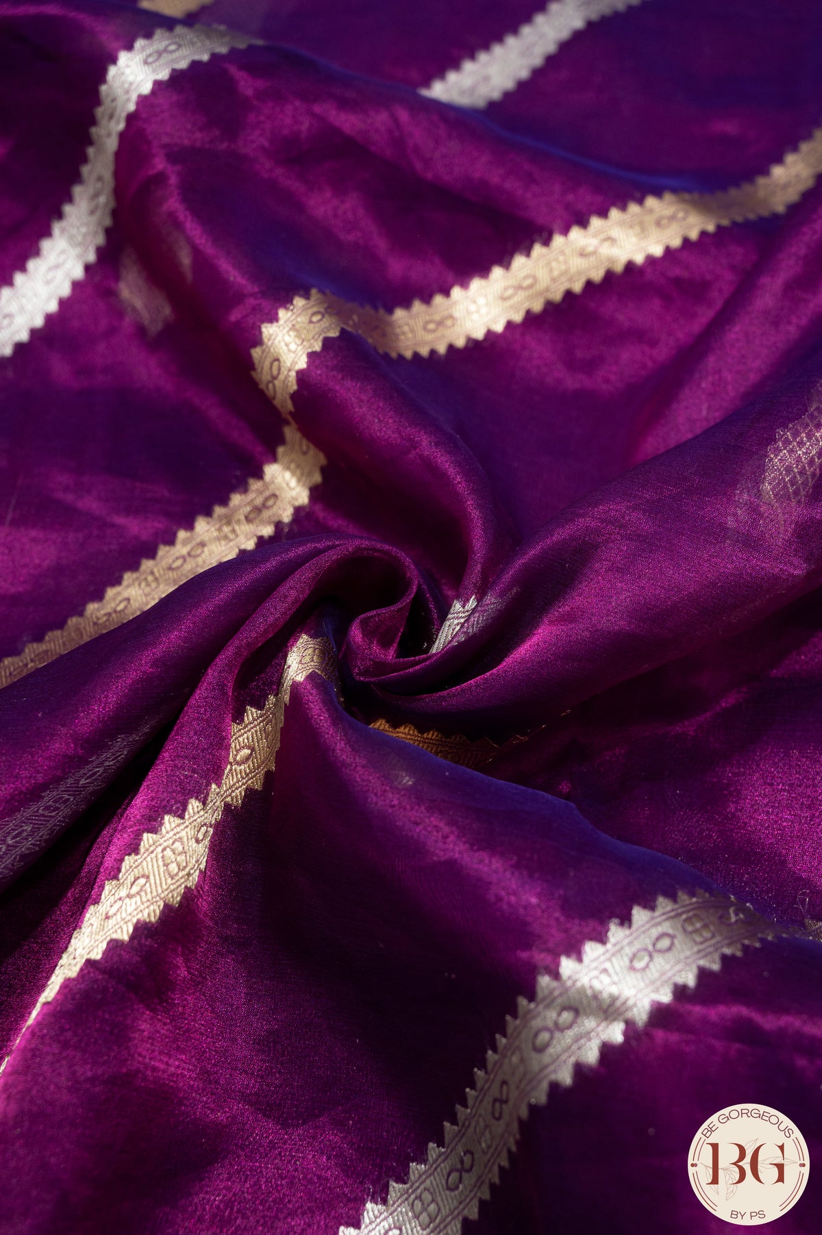 Banarasi Handwoven Tissue Silk Saree with gota lace - purple pink