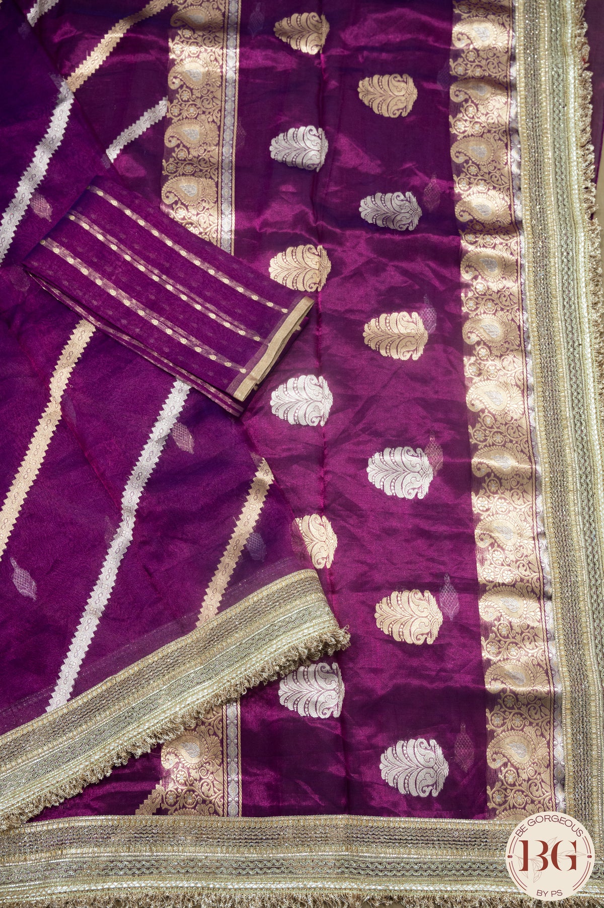 Banarasi Handwoven Tissue Silk Saree with gota lace - purple pink