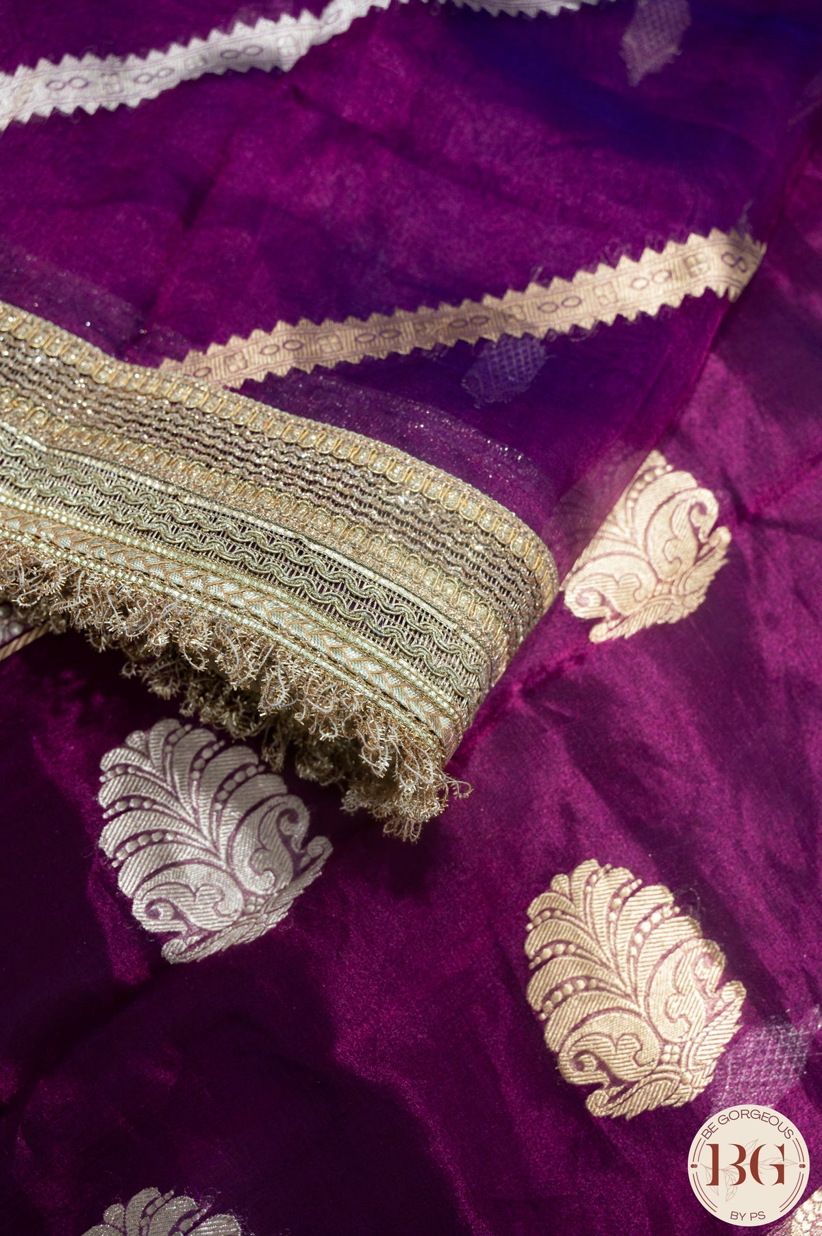 Banarasi Handwoven Tissue Silk Saree with gota lace - purple pink