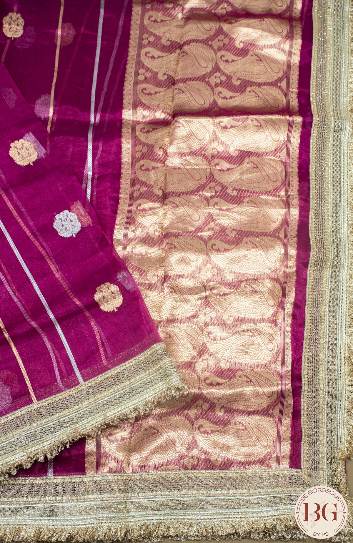 Banarasi Handwoven Tissue Silk Saree with gota lace - reddish pink