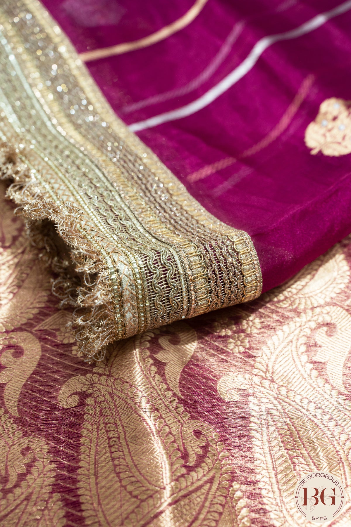 Banarasi Handwoven Tissue Silk Saree with gota lace - reddish pink