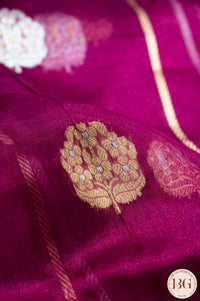 Banarasi Handwoven Tissue Silk Saree with gota lace - reddish pink