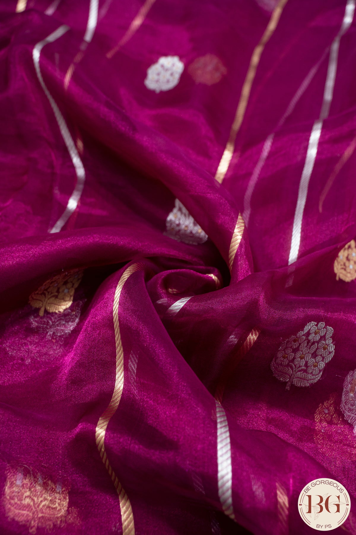 Banarasi Handwoven Tissue Silk Saree with gota lace - reddish pink