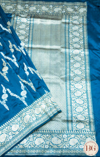 Banarasi Handwoven Katan Silk Kadhua Sona Roopa Weaved Saree With Silkmark Certificate - peacock blue