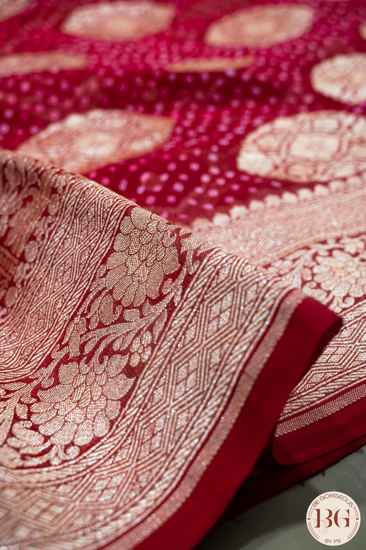 Banarasi Khaddi Georgette Handwoven saree with bandhani and meenakari work with Silkmark Certificate - pink red