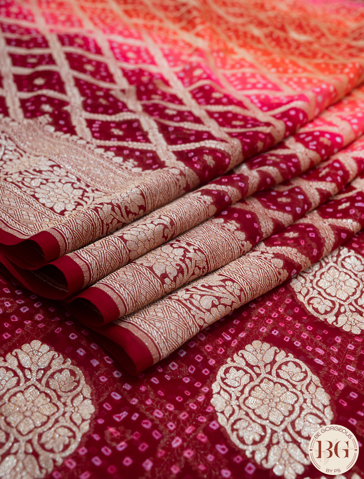 Banarasi Khaddi Georgette Handwoven saree with bandhani and meenakari work with Silkmark Certificate - pink red