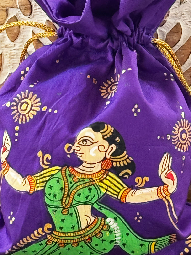 Pattachitra hand painted silk potli - Purple