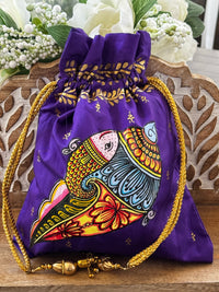 Pattachitra hand painted silk potli - Purple