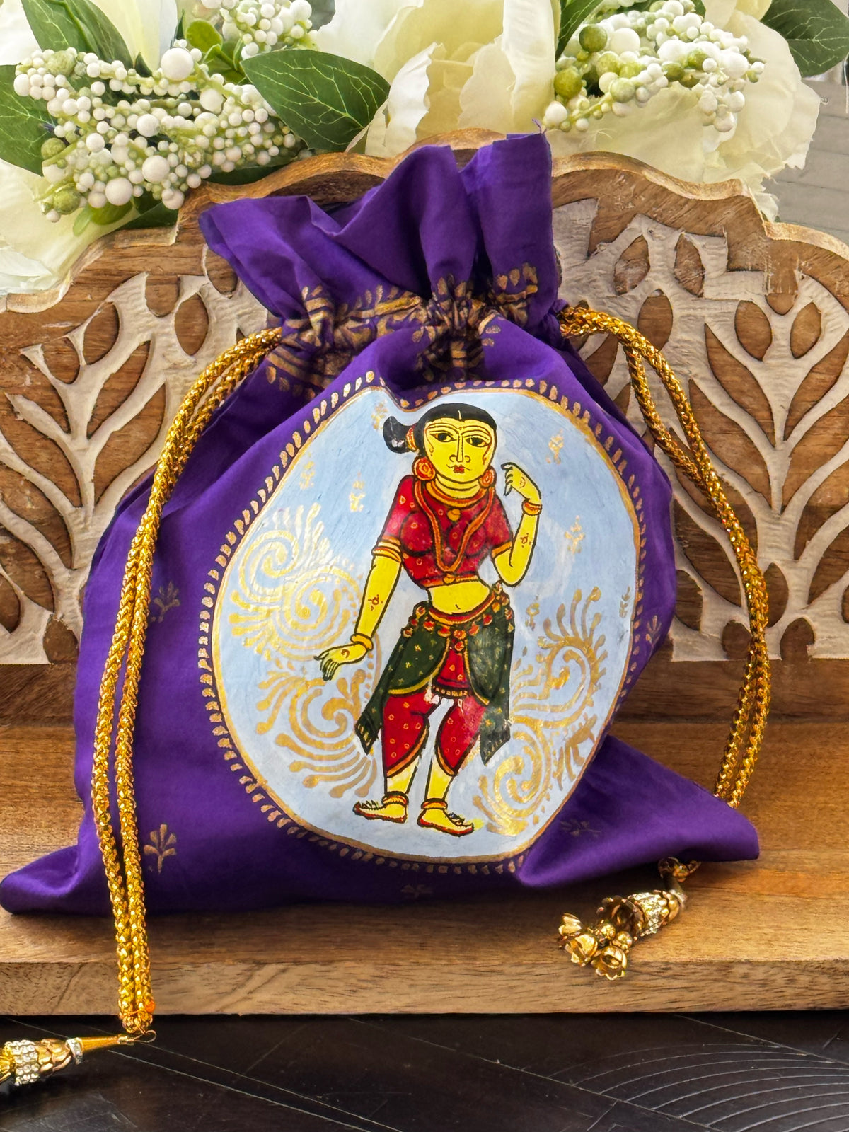 Pattachitra hand painted silk potli - Purple