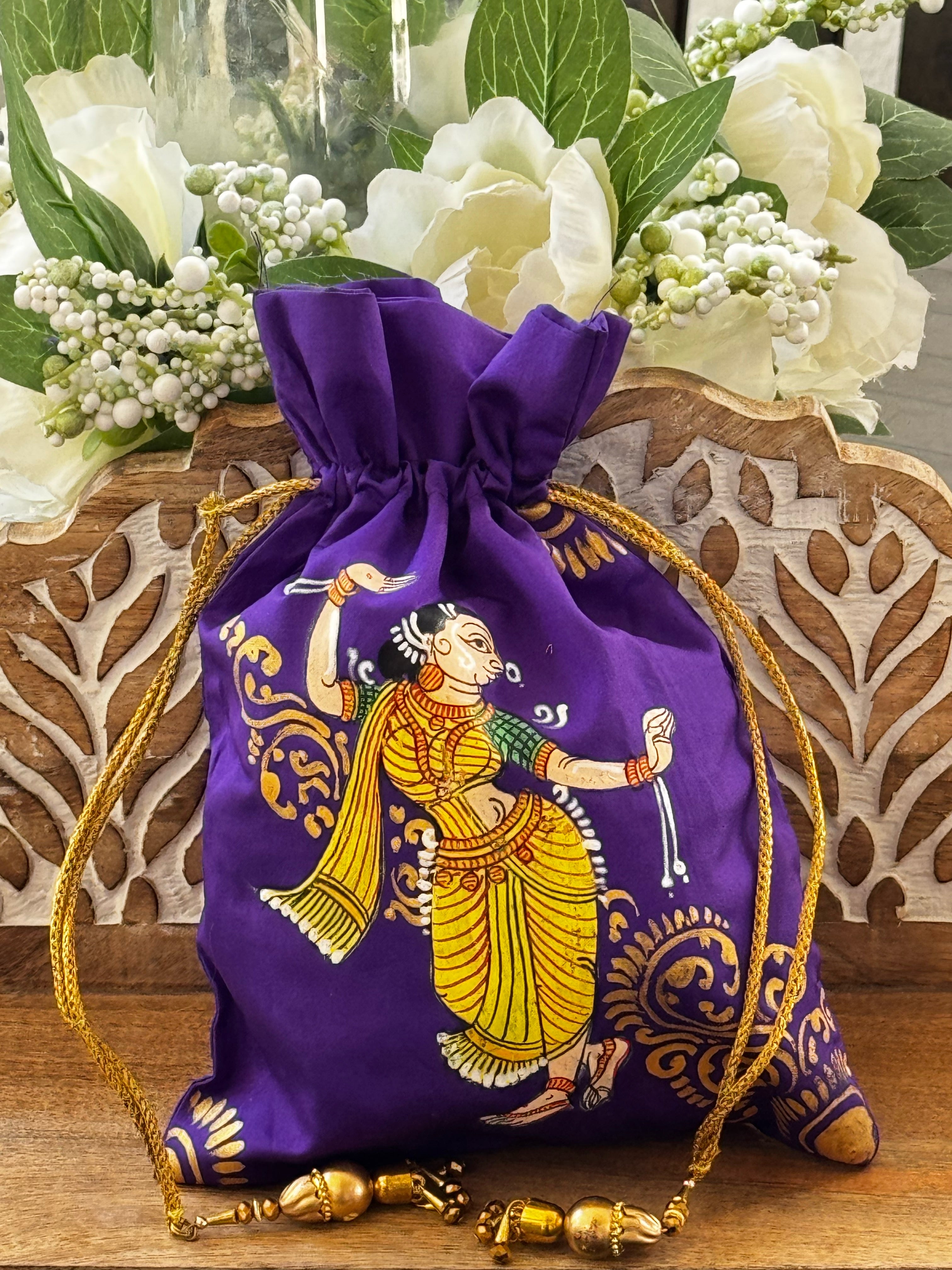 Pattachitra hand painted silk potli - Purple