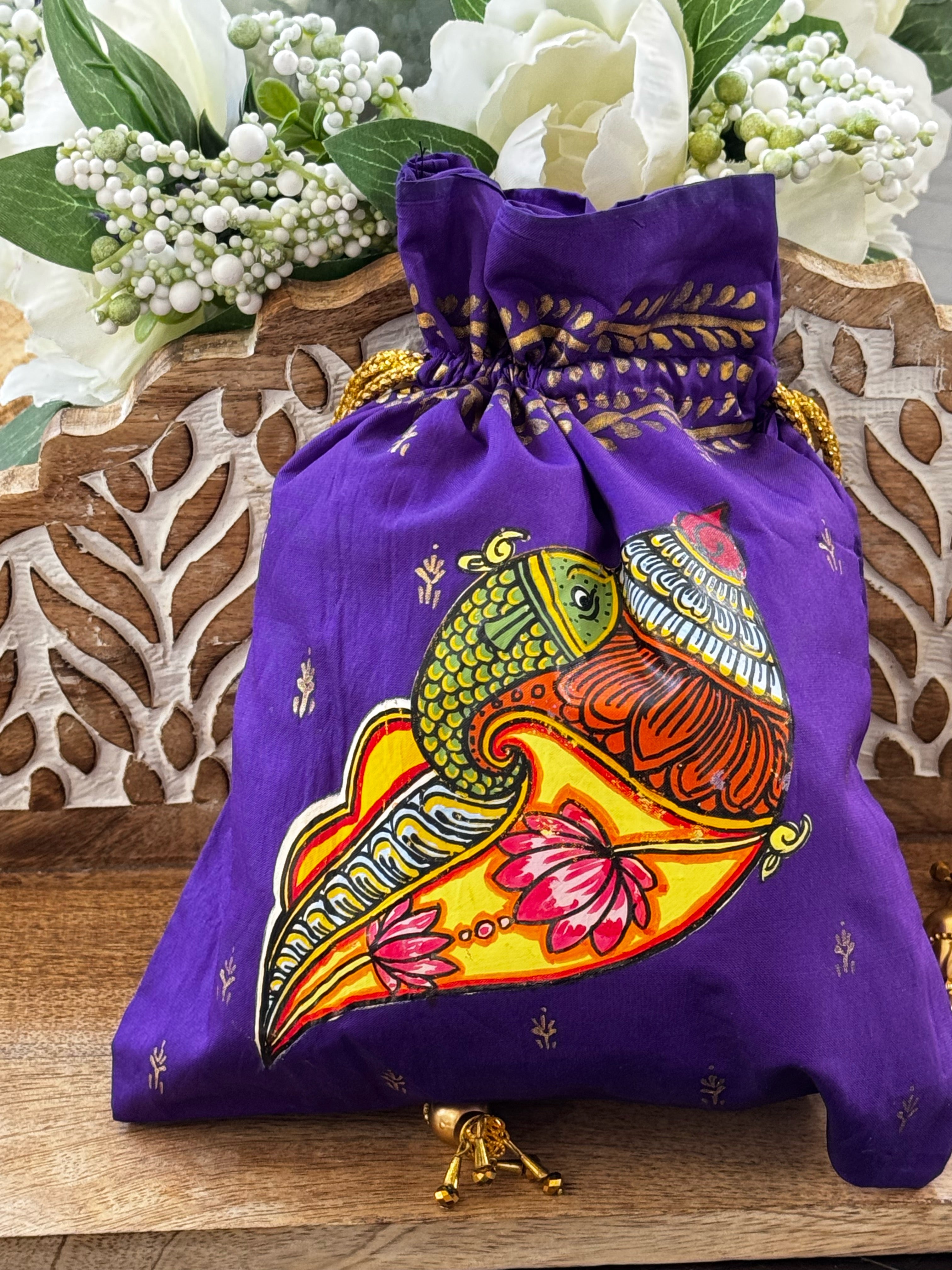 Pattachitra hand painted silk potli - Purple