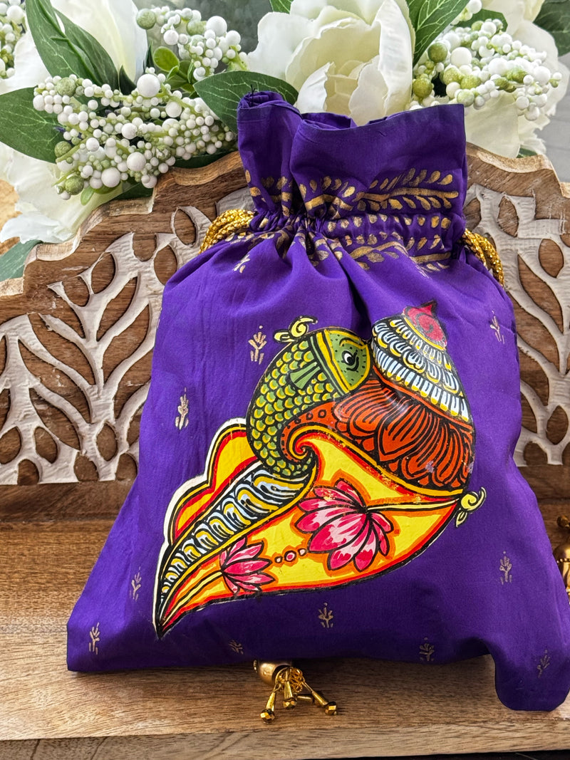 Pattachitra hand painted silk potli - Purple