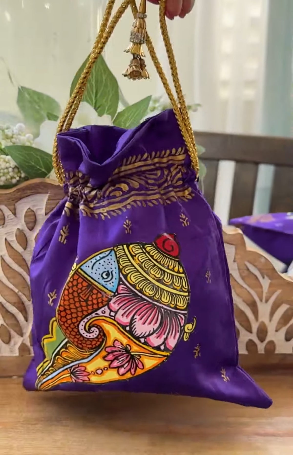 Pattachitra hand painted silk potli - Purple