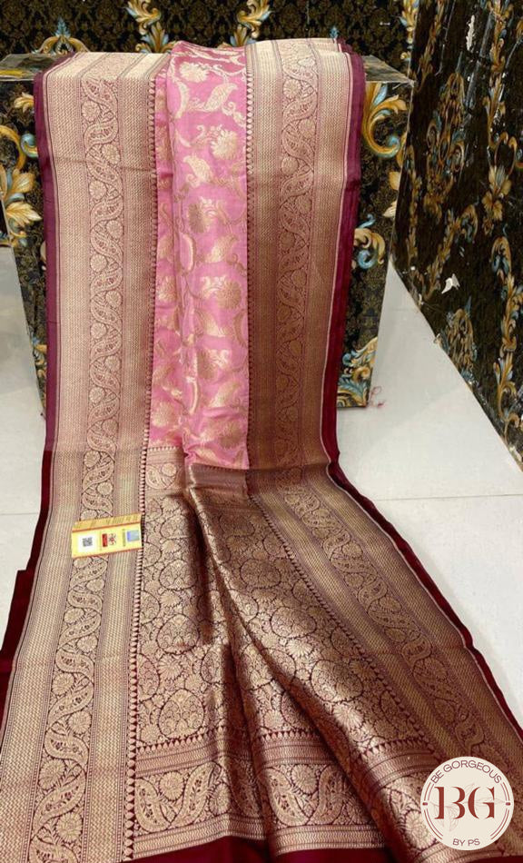 Pure Banarasi Handloom Katan Silk Contrast Border Pallu Golden Zari Cutwork Weaving Saree - Baby Pink
Silkmark certfiied