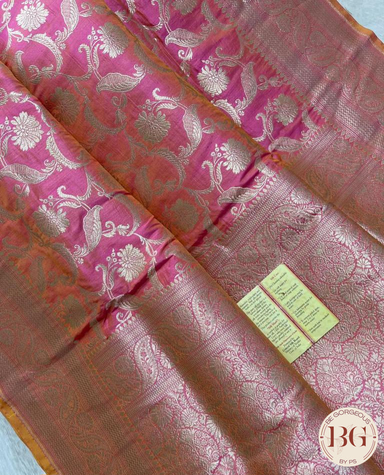 Pure Banarasi Handloom Katan Silk Contrast Border Pallu Golden Zari Cutwork Weaving Saree - Pink Orange
Silkmark certfiied