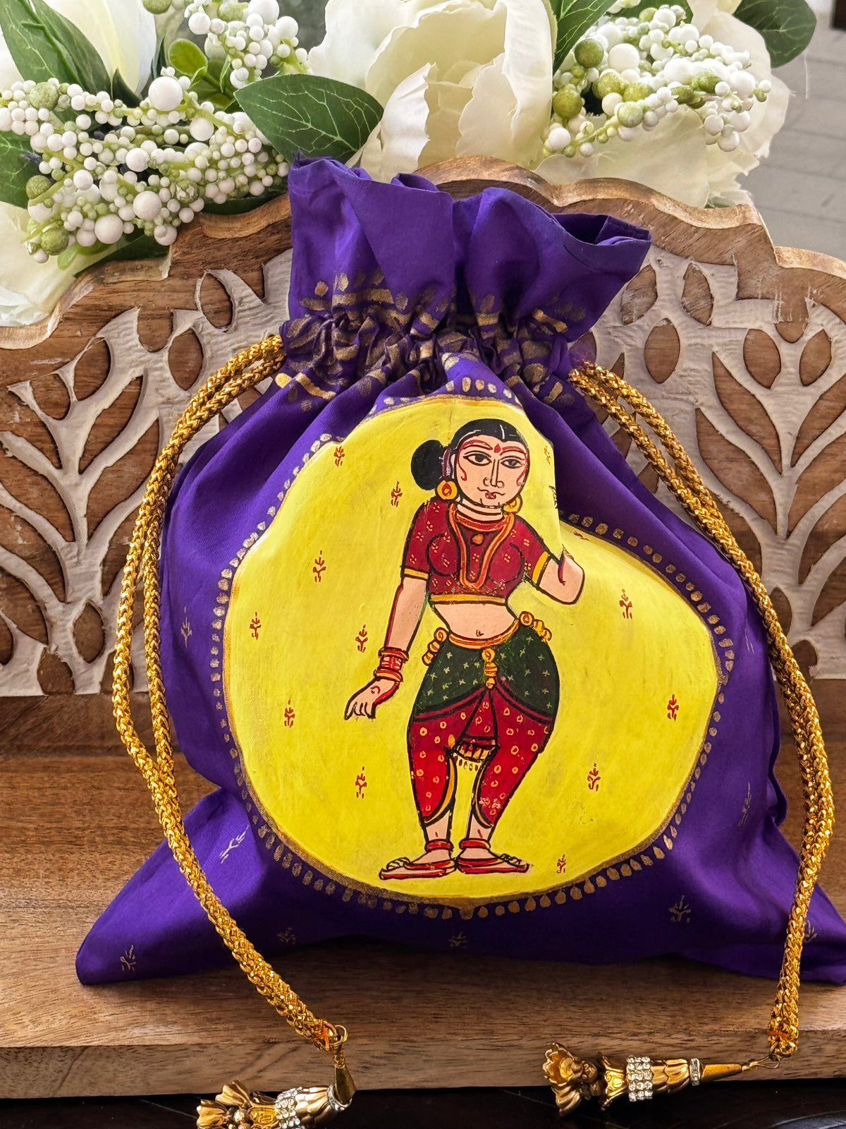 Pattachitra hand painted silk potli - Purple