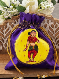 Pattachitra hand painted silk potli - Purple