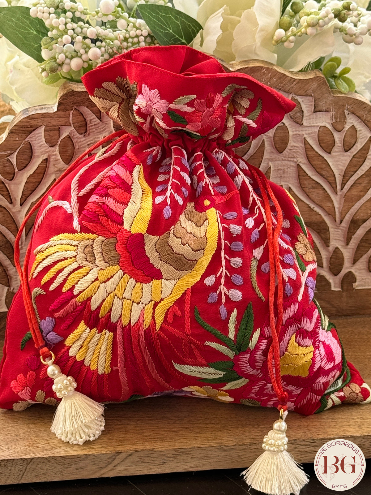 Parsi Gara hand embroidered Potli - Red