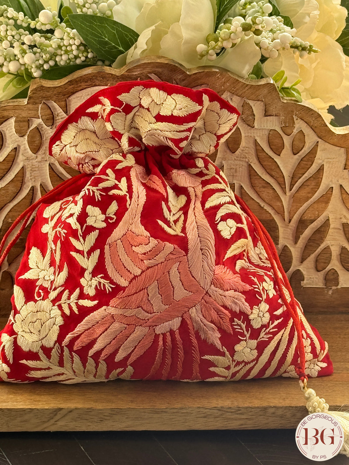 Parsi Gara hand embroidered Potli - Red