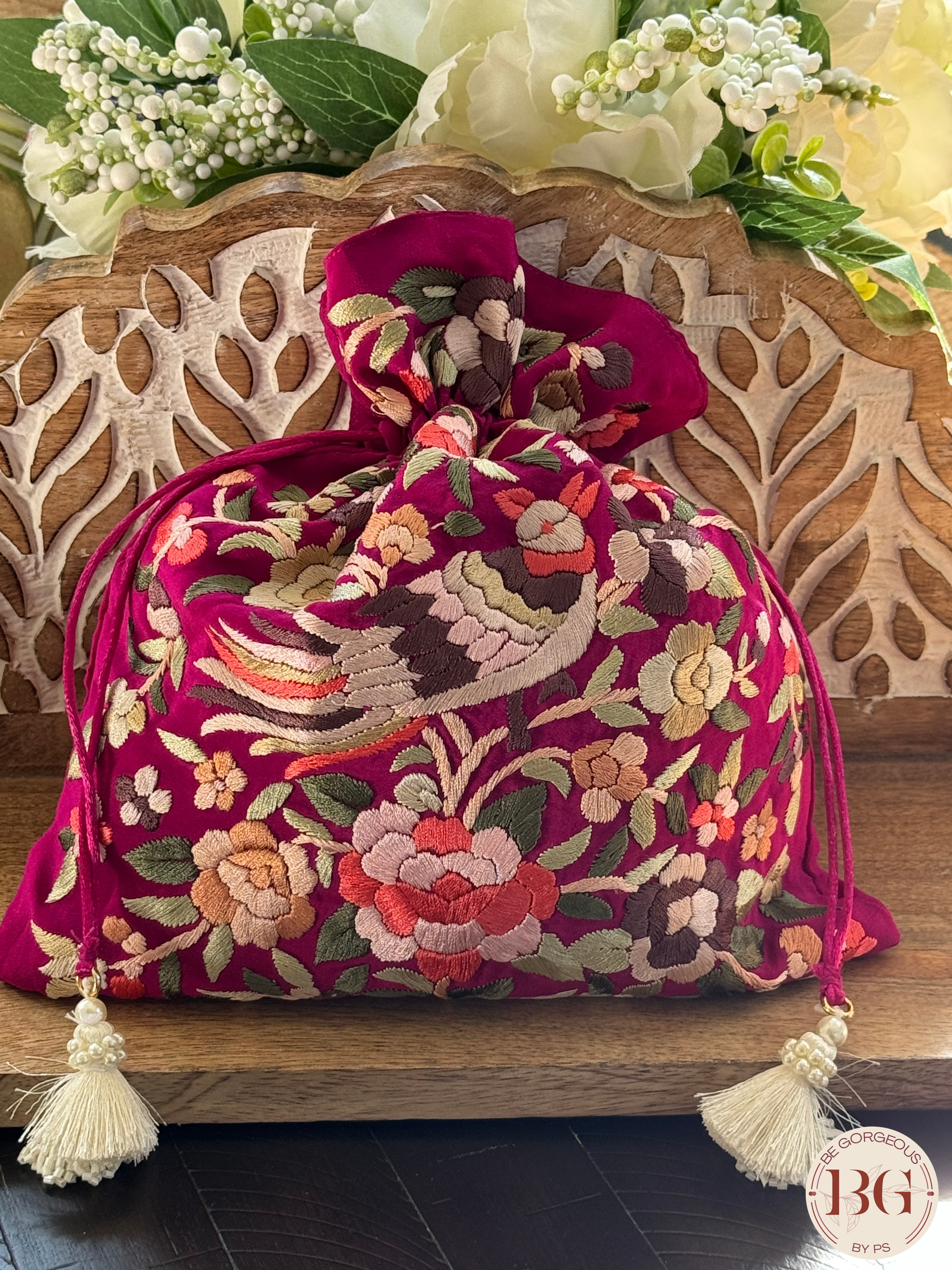 Parsi Gara hand embroidered Potli - Megenta