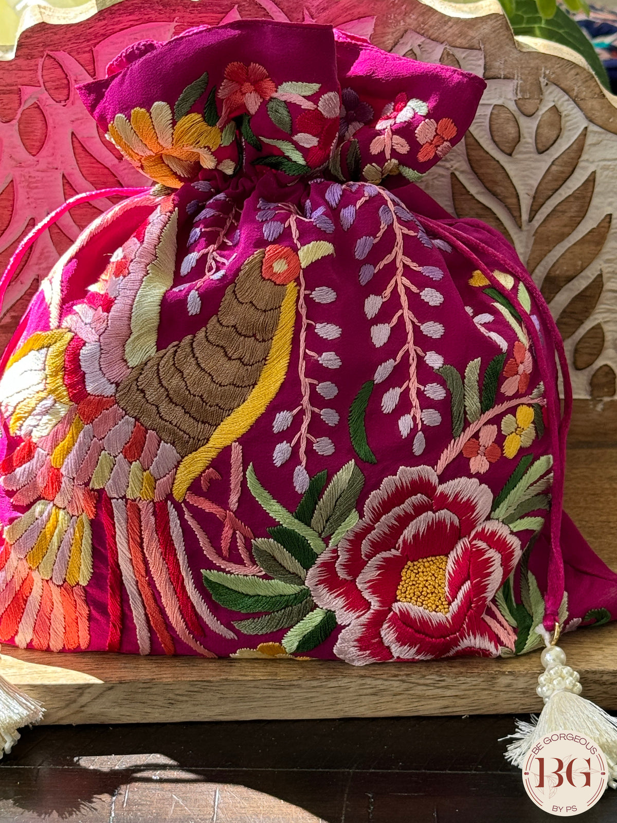 Parsi Gara hand embroidered Potli - Megenta