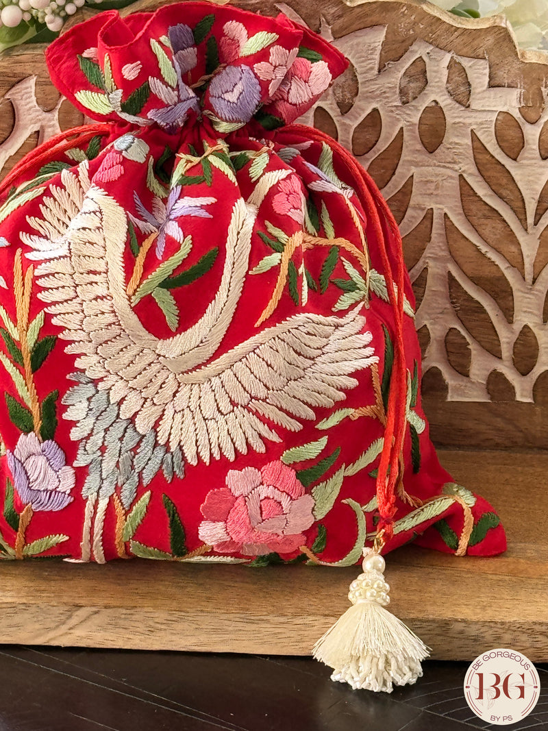 Parsi Gara hand embroidered Potli - Red