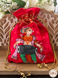 Pattachitra hand painted silk potli - Red