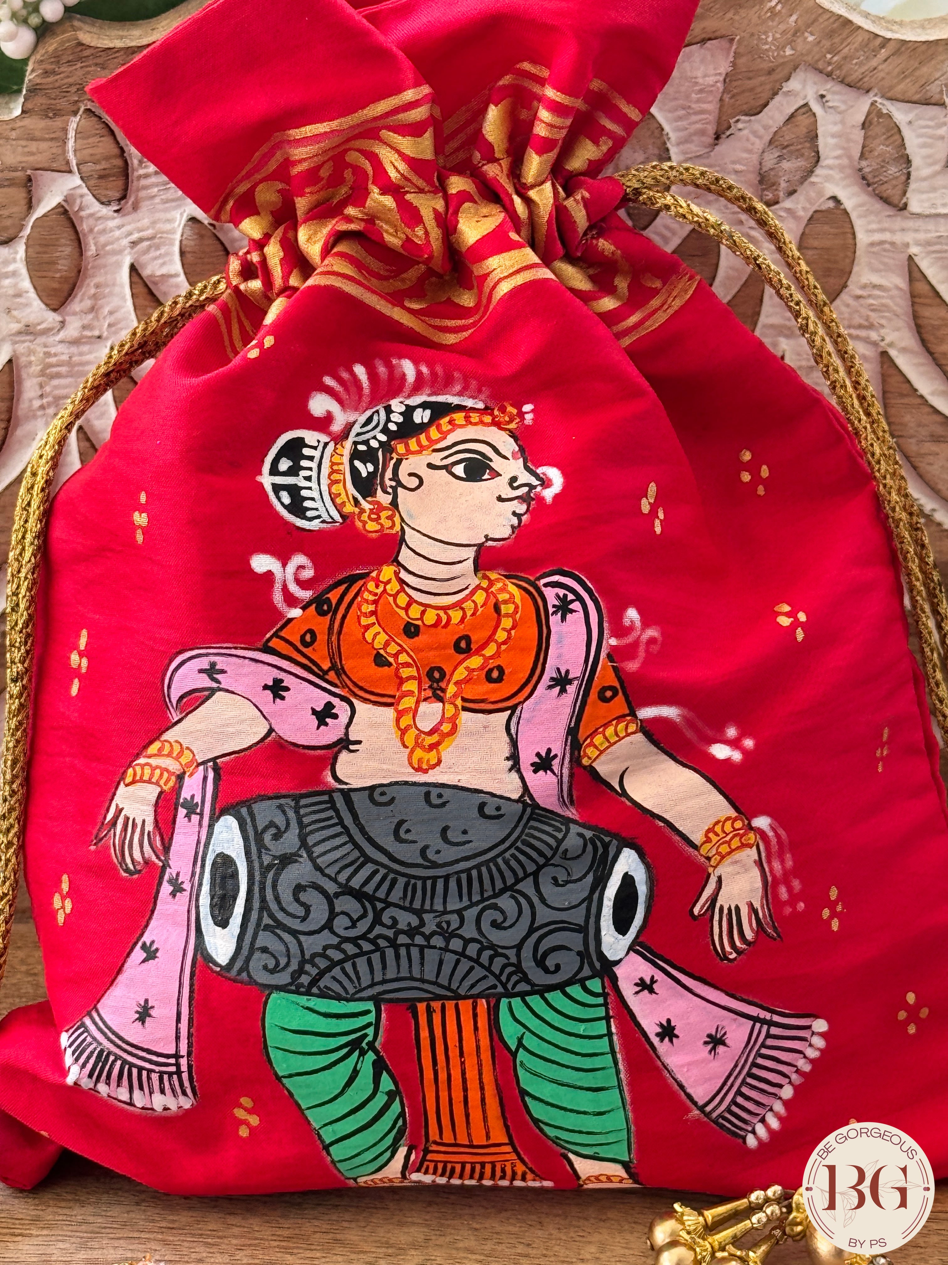 Pattachitra hand painted silk potli - Red