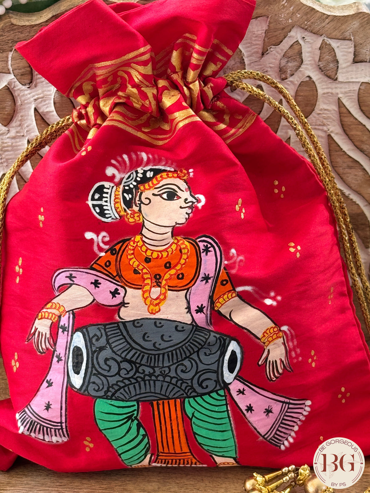 Pattachitra hand painted silk potli - Red