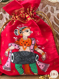 Pattachitra hand painted silk potli - Red