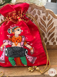 Pattachitra hand painted silk potli - Red