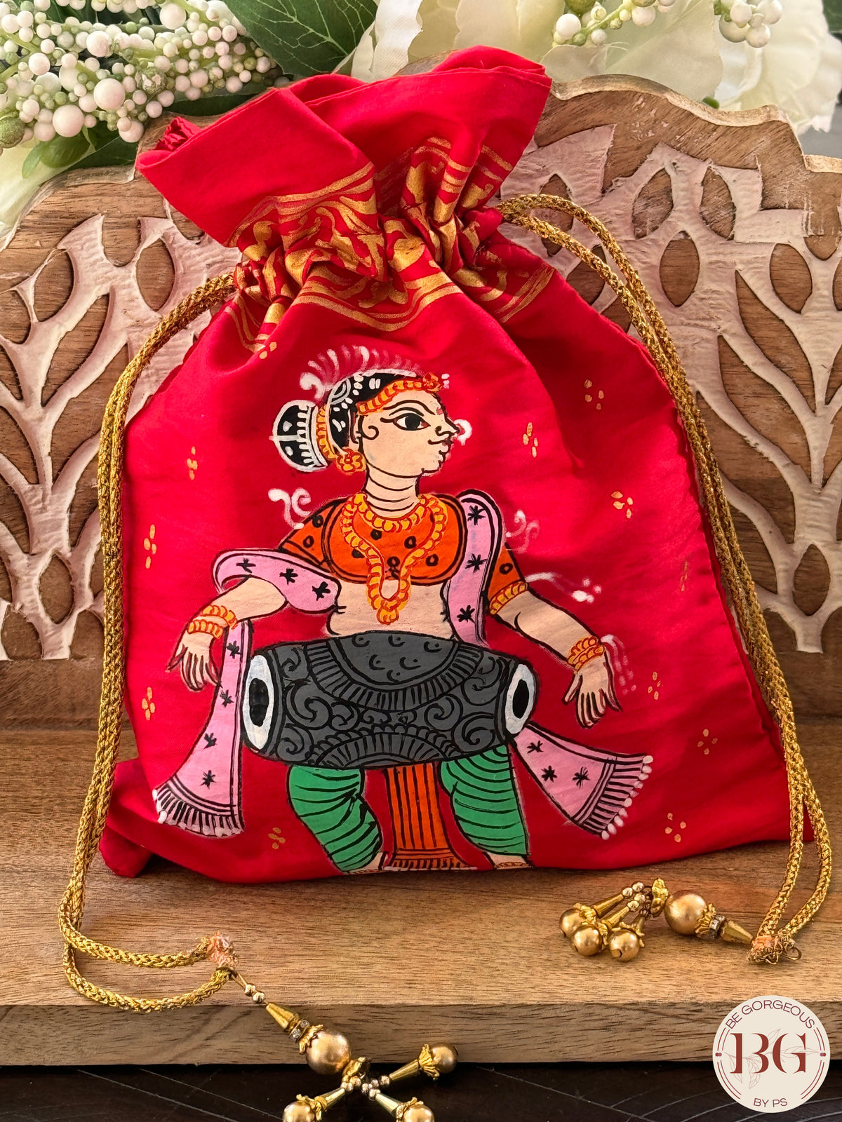 Pattachitra hand painted silk potli - Red